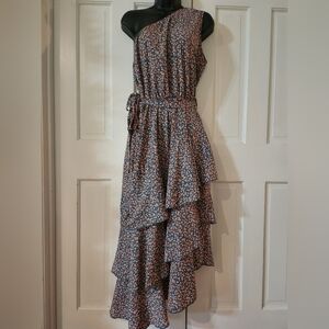 Chic Ruffled Floral Blue One Shoulder  Dress - Womans Size: Large